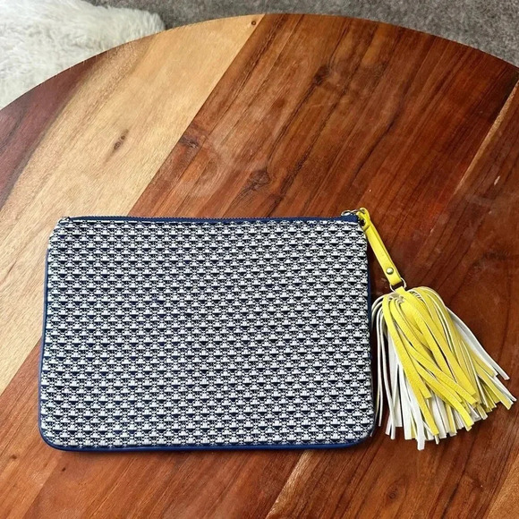 Merona Handbags - MERONA Blue White Woven‎ Textured Clutch Zip Top Yellow Tassel
